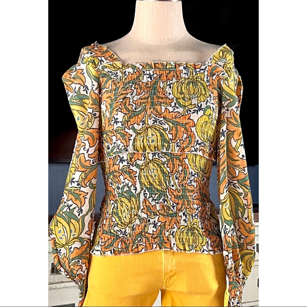 Anthropologie The Rayna Relaxed Buttondown Retro Smocked Blouse NWT New XS